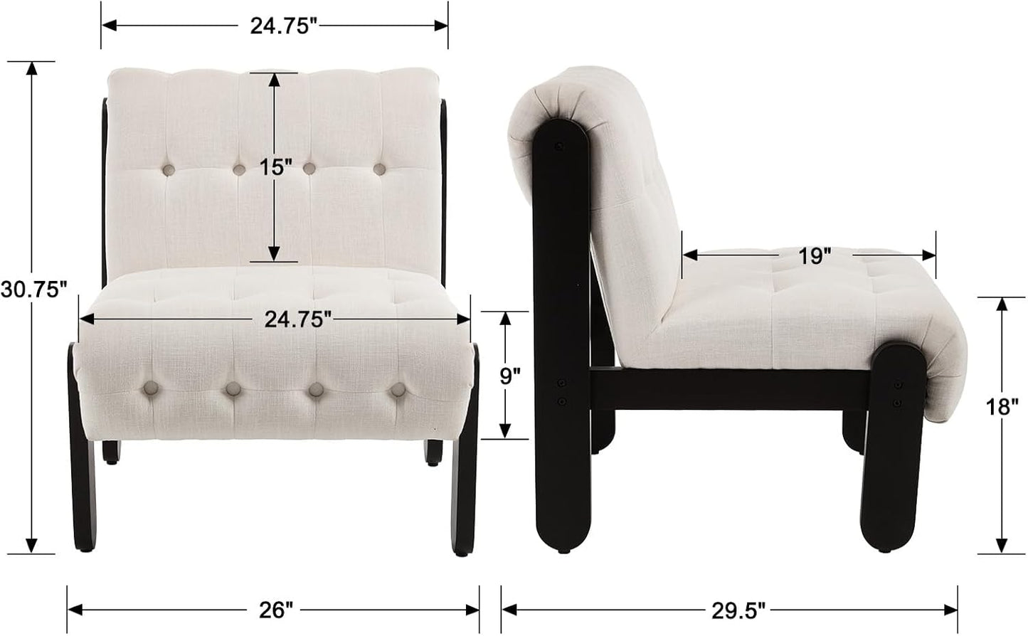 Modern Armless Accent Chair Set of 2 for Living Room, Beige Chenille Button Tufted Upholstered Lounge Reading Chair with Black Wood Frame