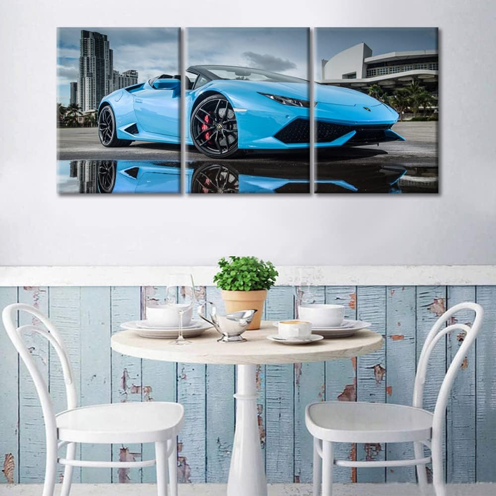 TUMOVO Blue Sports Car Wall Art for Bedroom Speed Super Car Canvas Painting Clouds Sky Large Wall Art for Living Room Open Car Contemporary Home Decor 3 Panels Stretched on Wooden Frame, 36" Wx16 H