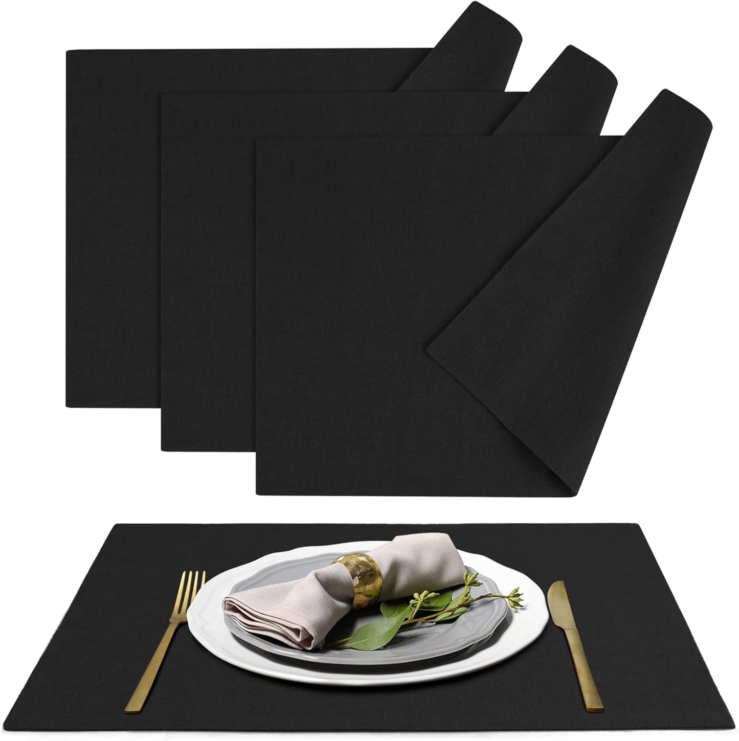 MANSPHIL Black Cloth Placemats Set of 4, Washable Thick Faux Linen Place Mats Heat Resistant Double Layer Table Mats for Dining Kitchen Indoor Outdoor Use - 13x19 Inch