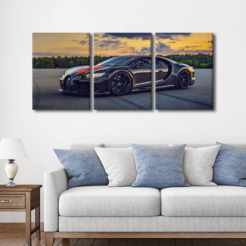 Black Sports Car Canvas Wall Art for Living Room Super Car Modern Abstract Painting Hypercar at Sunset Picture for Men Boys Bedroom 3 Pieces Office Home Wall Decorations Frame Wall Decor, 36"Wx16"H