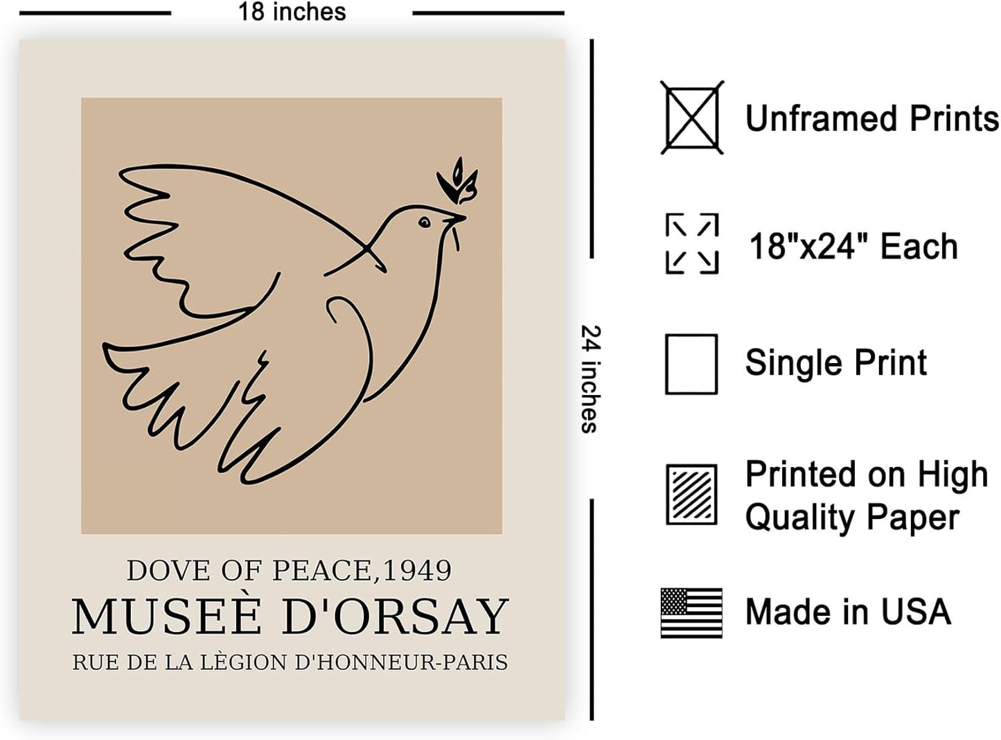 Poster Master Vintage Poster - Retro Minimalist Print - Gift for Artist, Friend - Dove Of Peace, Line Drawing, Sketch, Abstract - Wall Decor for Living Room, Bedroom, 18x24 Unframed Wall Art