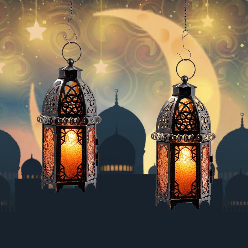 NEEDOMO 11'' Moroccan Lanterns Decorative Indoor & Outdoor, Vintage Christmas Candle Holder, Metal Lanterns Decorative, Table, Patio, Porch, Shelf, Christmas Spring Halloween Home Decor (Amber)
