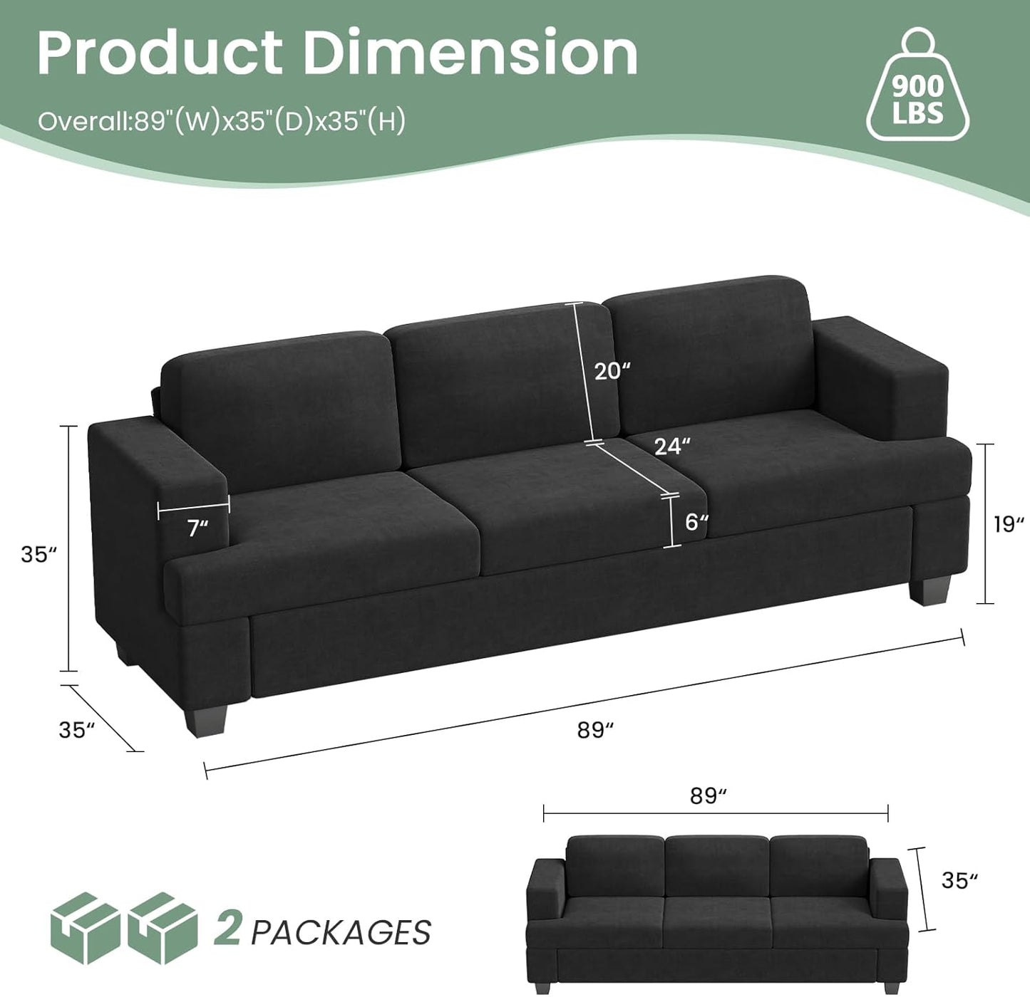 Sofa, 3 Piece Set Comfy Sofa, Loveseat & 2 3-Seater Couch with Deep Seats for Living Room, Modern Sleeper Couch, Dark Grey Chenille