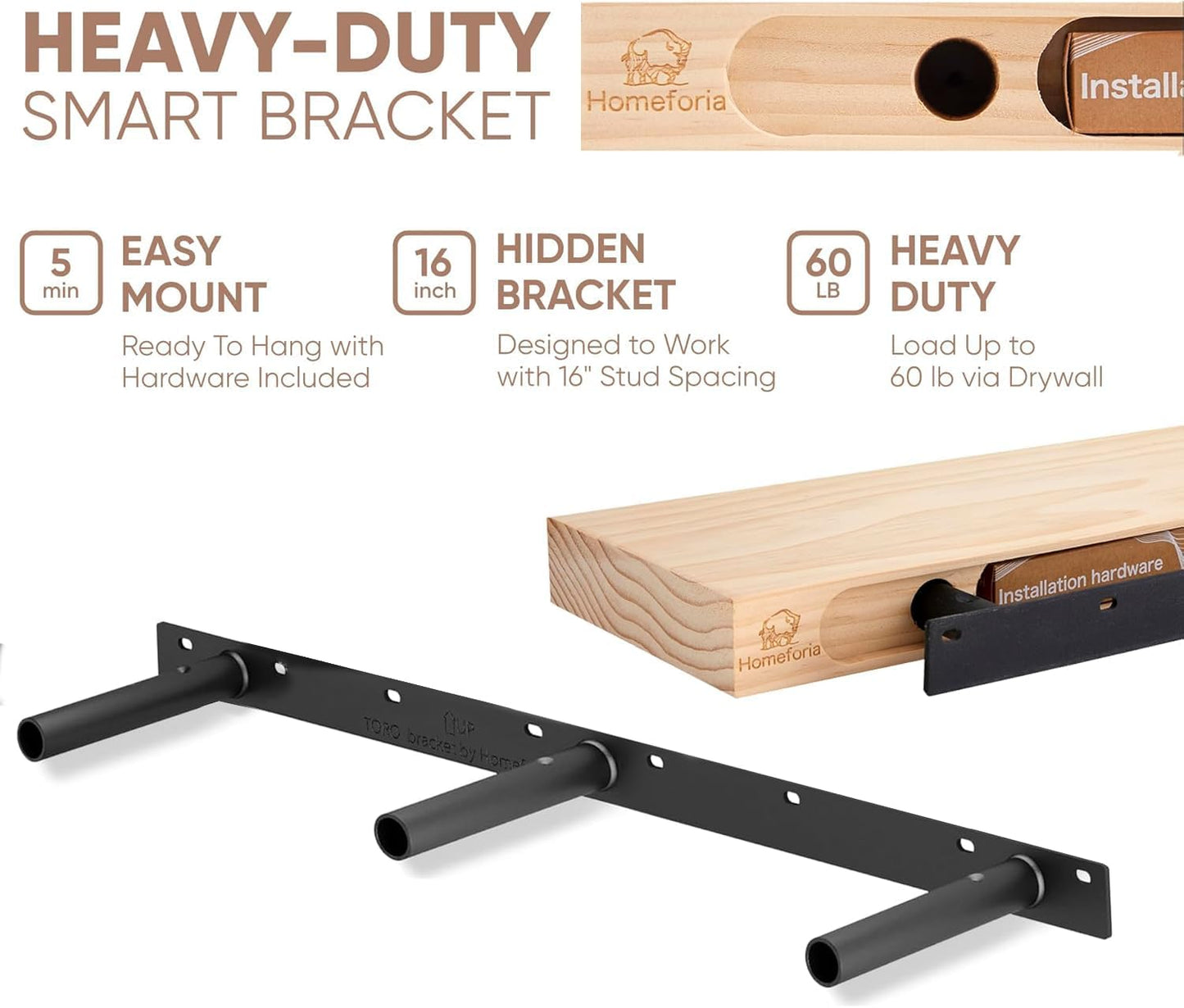 Homeforia White Floating Shelves 42 inch, High End Solid Real Wood 42inch Floating Shelf for Wall Mounted, White Wooden 42in Long Floating Shelves, Heavy Duty Bracket, 42 X 6.5 X 1.75 inches, Set of 2