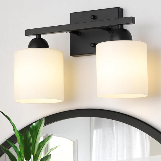 Milk Glass Vanity Lights for Bathroom, 2 Light Matte Black Bathroom Light Fixtures Over Mirror, Ceramic E26 Sockets Wall Mounted
