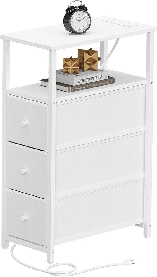 TUTOTAK Narrow Night Stand with Charging Station, Slim End Table with Plugins, Tall Side Table with 3 Fabric Drawer, Small Bedside Table with Storage, Living Room, Bedroom, White TB01BW086