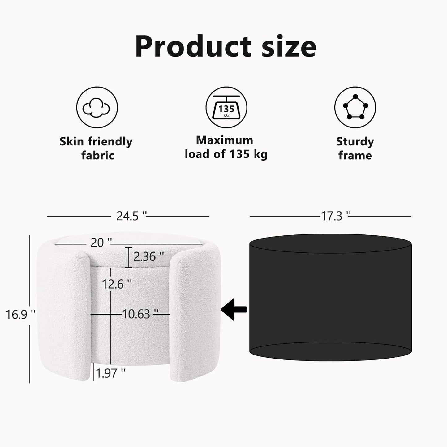 Furniliving Upholstered Button Tufted Round Ottoman, Ottoman with Storage, Teddy Footrest Stool, Removable Lid Convenient Footstools, Bedroom Ottomans with Storage for Vanity, Living Room, White