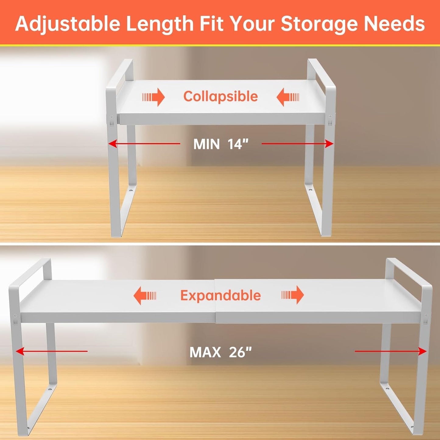 Adjustable Kitchen Shelf Organizer 9", (2 Pack) Heavy-Duty Cabinet Shelves for Countertop, Pantry & Microwave, Expandable Space-Saving Storage Rack with Non-Slip Pads, White