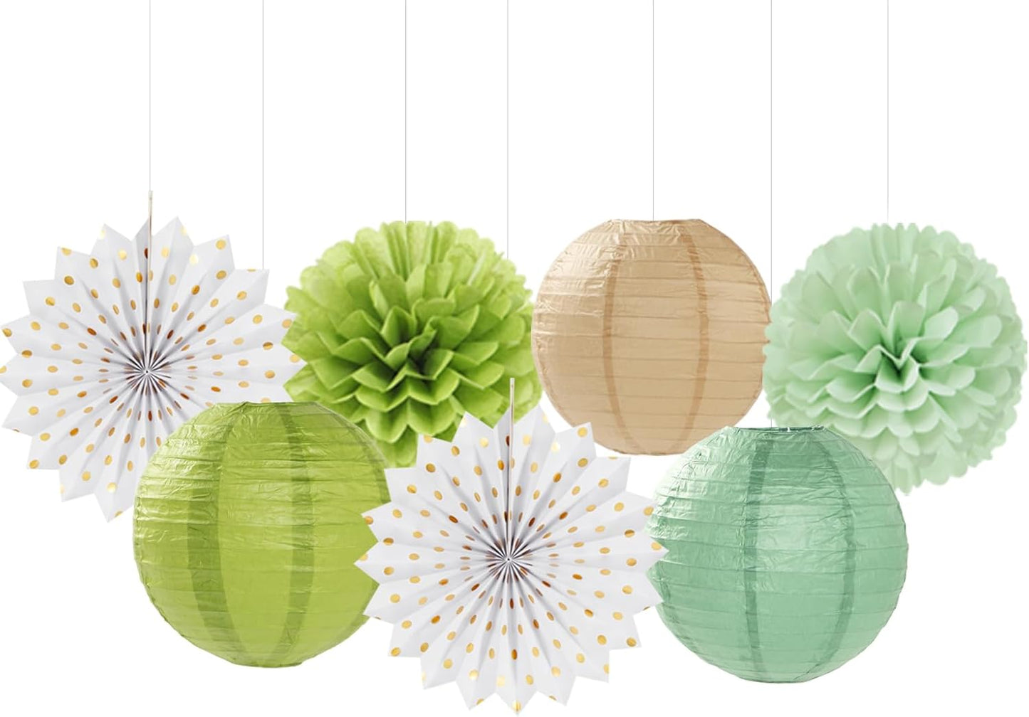 Olive-Sage Green-Boho Party-Decorations Streamers-Lanterns - 14pcs Baby Bridal Shower Wedding Paper Fan, Eucalyptus Wild Safari Jungle Birthday Tissue Pom Poms, Honeycomb Balls Decor Lasting Surprise