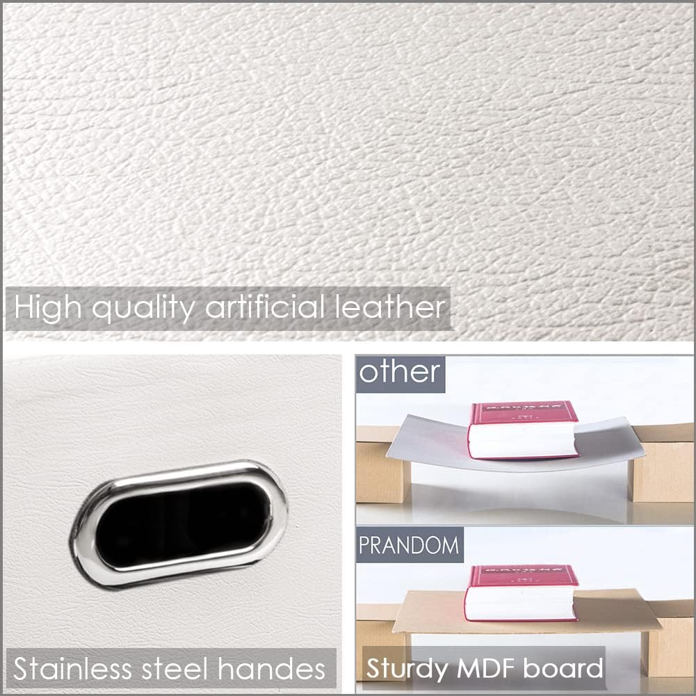 PRANDOM Collapsible Storage Bins with Lids [3-Pack] Leather Fabric Foldable Storage Boxes Organizer Containers Baskets Cube with Cover for Bedroom Closet Office Nursery White (14.9x10.8x10)