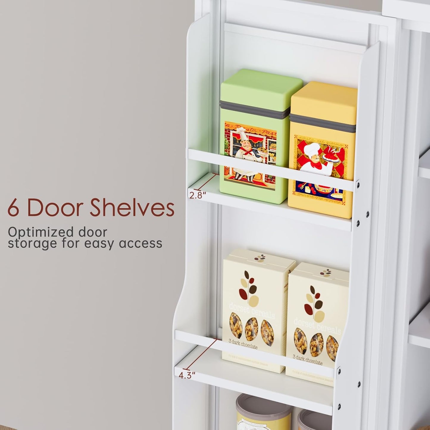 75" H Metal Storage Cabinet, Pantry with 6 Door Shelves and 4 Adjustable Shelves, Leveling Foot for Kitchen, Living Room and Dinning Room, White