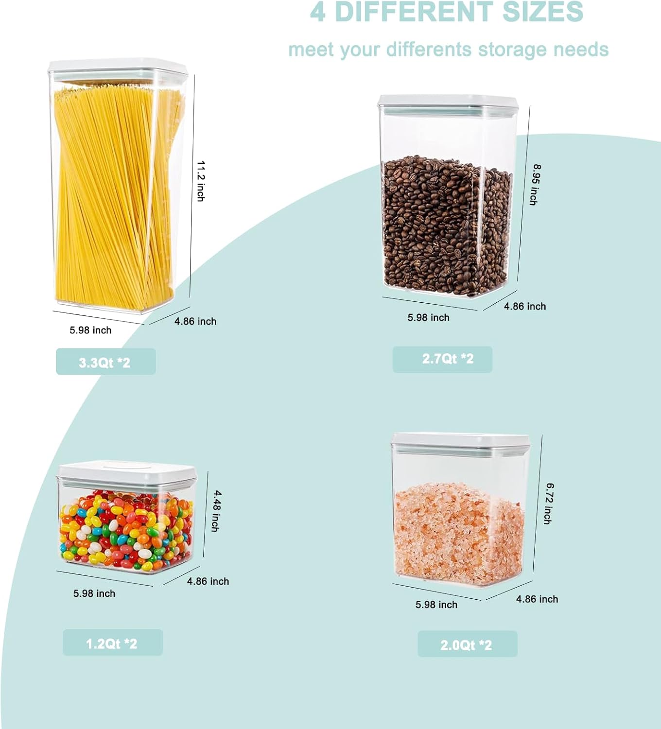 Pop Containers with Lids - Stackable Airtight Food Storage, Kitchen Pantry Storage Containers for Snacks Candy Salt Herbs Spices BPA-Free (8PCS (1.2 + 2.0 + 2.7 + 3.3 Qt) * 2)