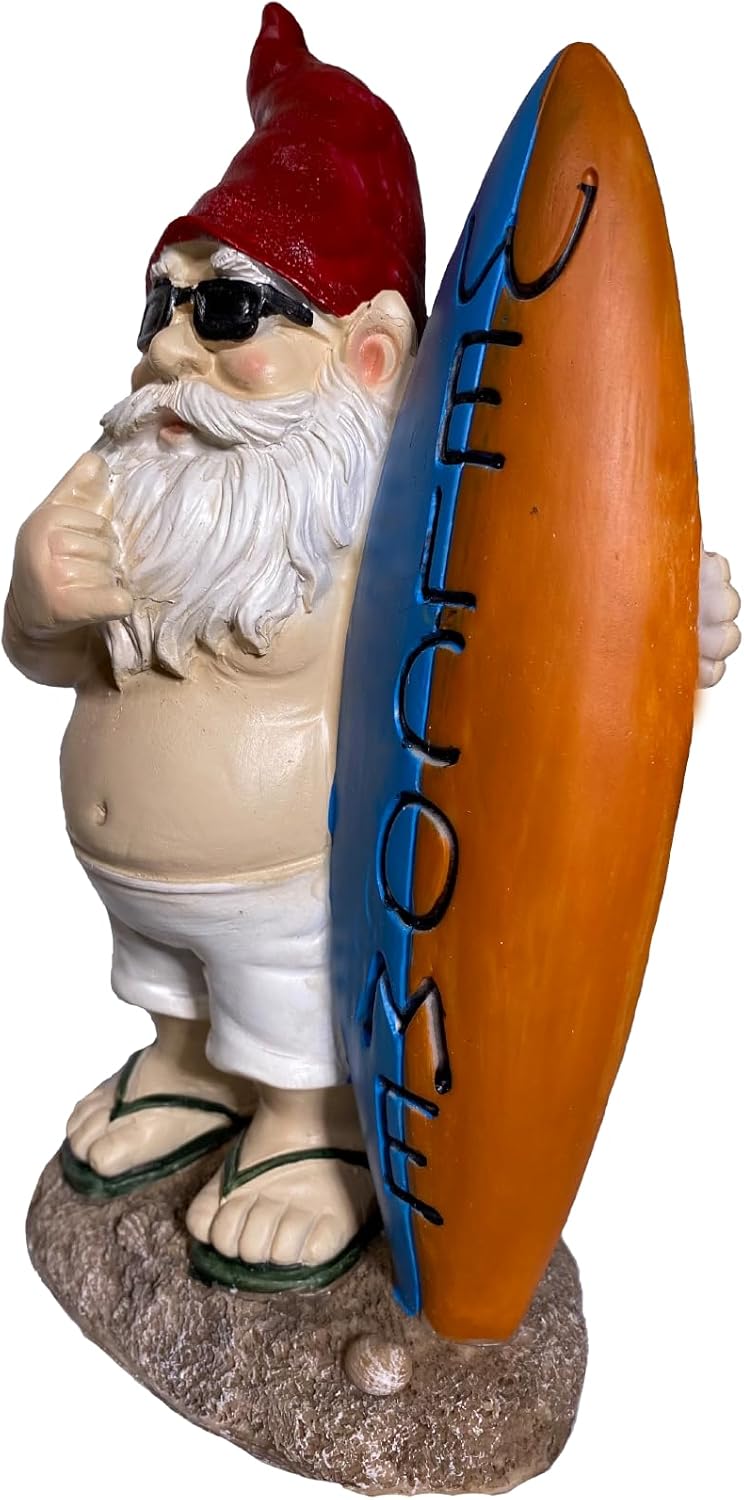 Surfer Garden Sculpture | Party Gnome Garden Statue |Surfing gnome |Funny Lawn Gnome Statue - 10 inches