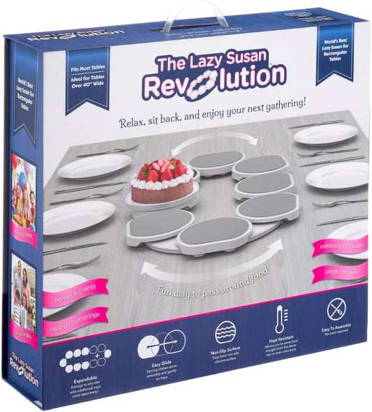 Full Set - Light Gray - The First Patented Lazy Susan Turntable Expandable for Rectangular & Oblong Tables - Kitchen & Dining Tables - Great Gift! Parties & Gatherings.