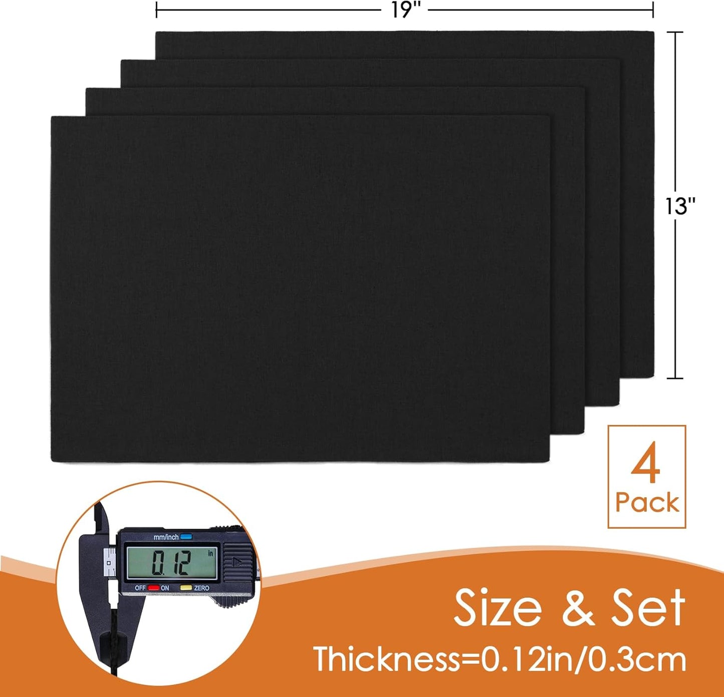 MANSPHIL Black Cloth Placemats Set of 4, Washable Thick Faux Linen Place Mats Heat Resistant Double Layer Table Mats for Dining Kitchen Indoor Outdoor Use - 13x19 Inch