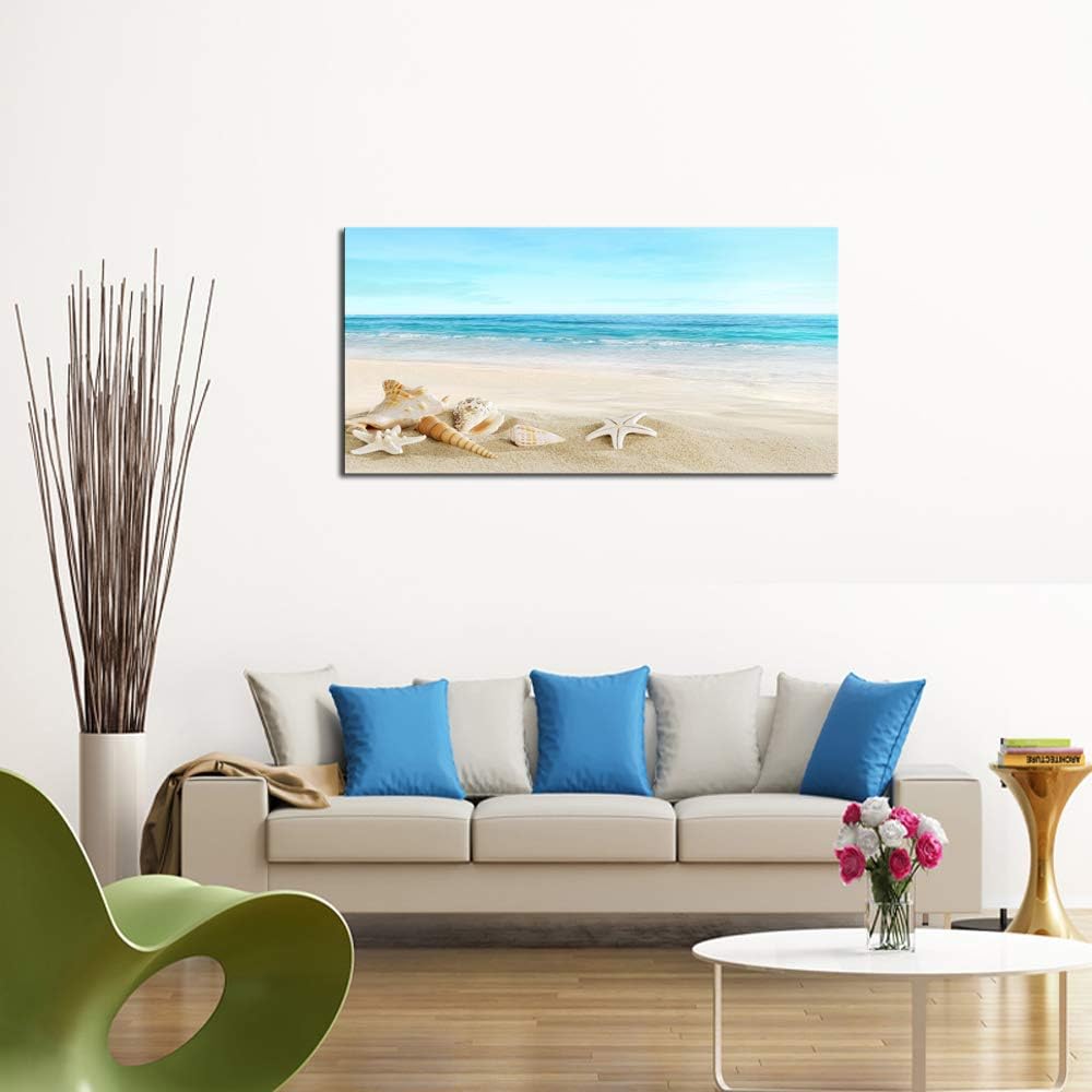 DZL Art S73975 Beach Picture Decor Ocean Painting Canvas Wall Art Prints of Starfish and Seashell on Sandy Seaside Ready to Hang for Living Room Bedroom Office Wall Decor Home Decoration