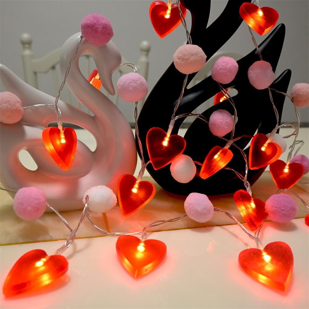 Red Heart String Lights 9.85 Ft Valentines Light with 20 LEDs 20 Pink Pom Poms Garland Lights Battery Operated with Timer Valentines Decorations for Wedding Party Valentine Decor