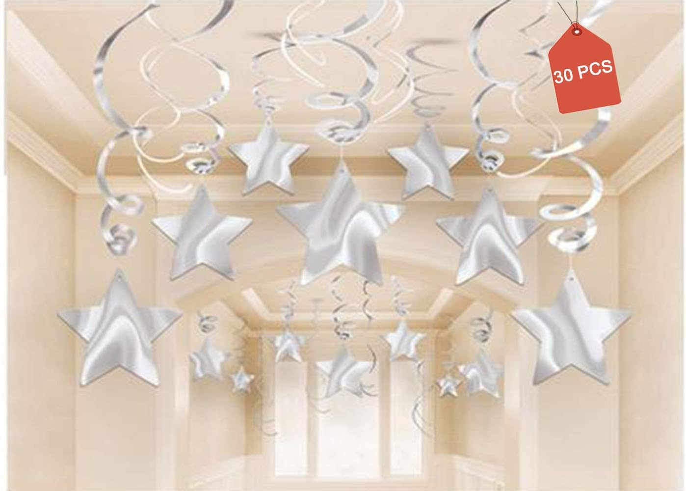 Party Swirl Decorations, Hanging Swirl for Ceiling Decorations, Silver with Star, Pack of 30