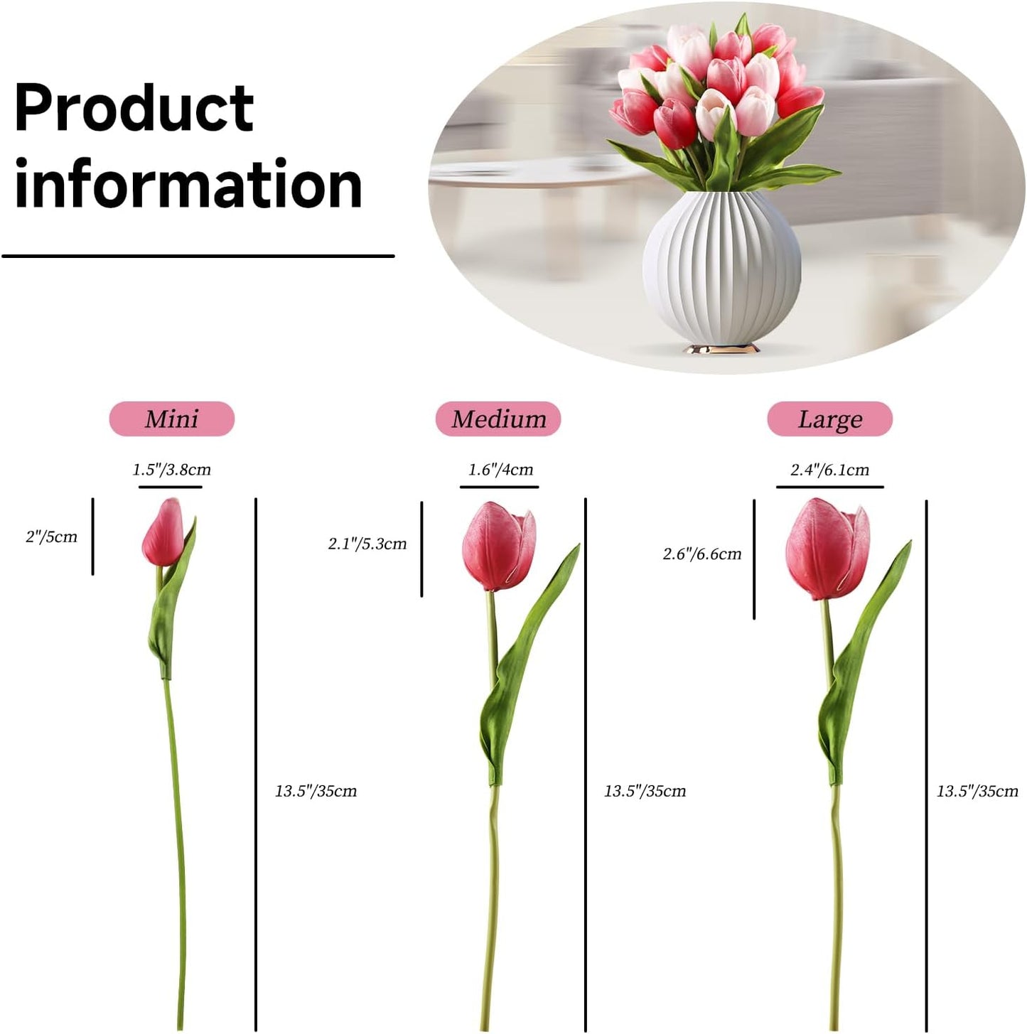 Buart Artificial Tulip in Bulk for Home Kitchen Wedding Bridal Bouquet,Fake Flowers for Valentine's Day Mother's Day Easter Table Centerpieces Decorations(Large Size,Multi Pink,Real-Touch,12pcs)