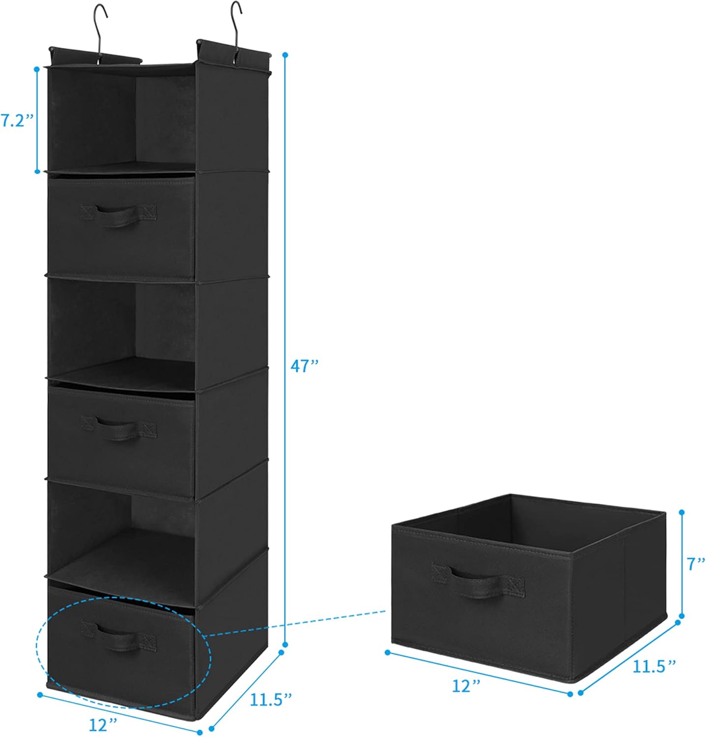MAX Houser 6 Tier Shelf Hanging Closet Organizer, Closet Hanging Shelf with 2 Sturdy Hooks for Storage, Foldable (Black-D3)