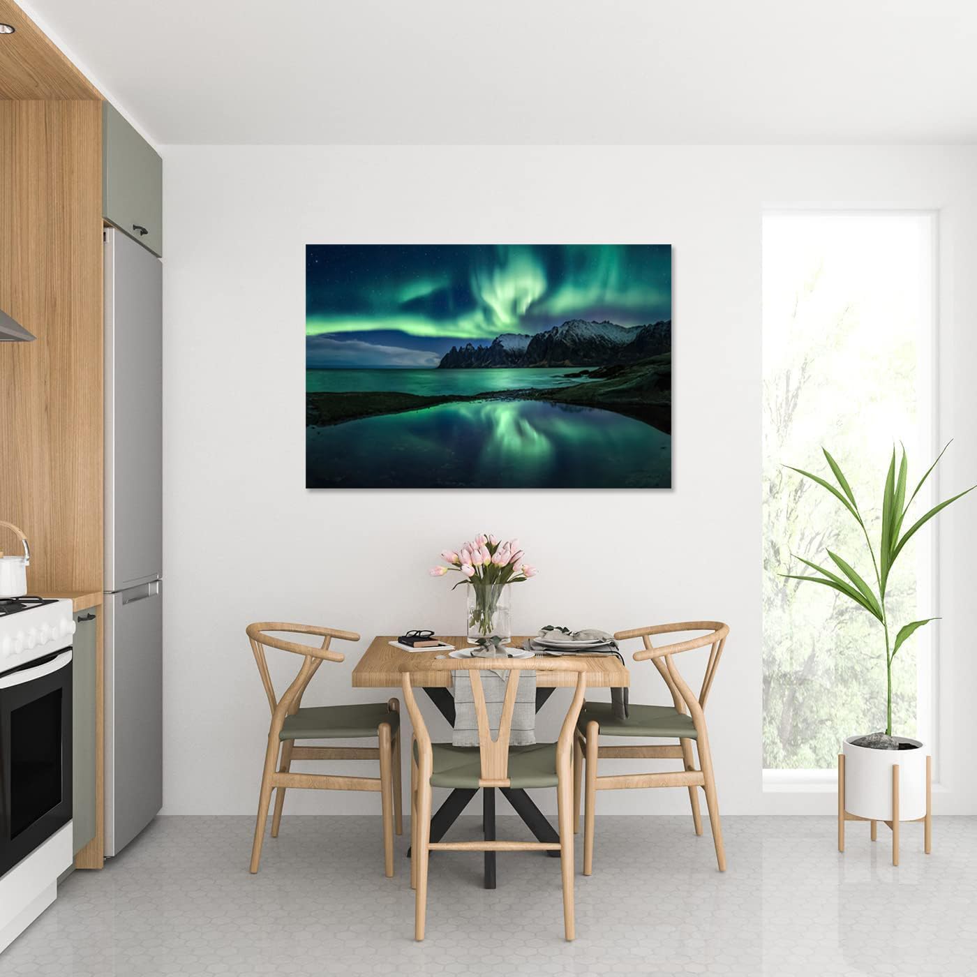 Aurora Borealis Wall Art Painting for Office Bedroom Scenery Landscape Canvas Print Framed Picture Northern Lights Poster Artwork Ready to Hang (28.00"x44.00")