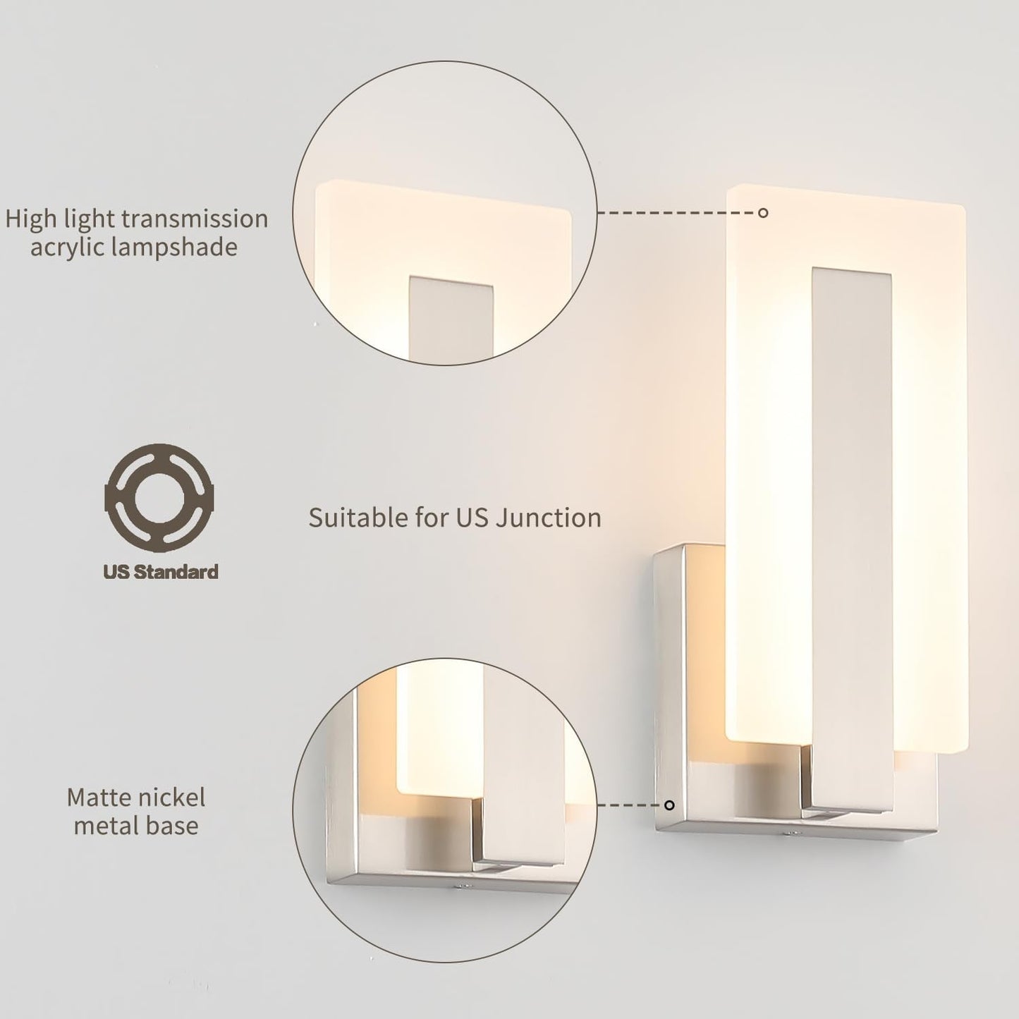 Joosenhouse Modern LED Wall Sconce Set of 2, Hardwired 3000K Warm White Light Wall Lights, 7W Up and Down Wall Mount Light, 9.76 inch Brushed Nickel Indoor Wall Sconce Wall Lighting