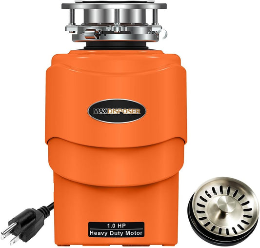 Garbage Disposal 1 HP Ultra Quiet Intelligent Auto-Reverse Function Continuous Feed Food Waste Disposer with Power Cord Easy install, AC Motor Stainless Steel Grind 1 Horsepower (MAX-6)