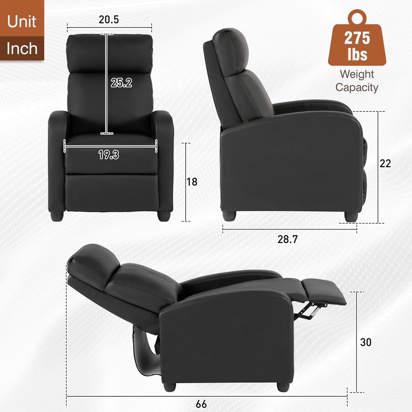 BestMassage | Recliner Chair | No Massage Function | Leather Black | with Lumbar Support, Adjustable Push Back, Wide Armrests, Footrest & Padded Seat | Easy Assembly | for Living Room, Home Theatre