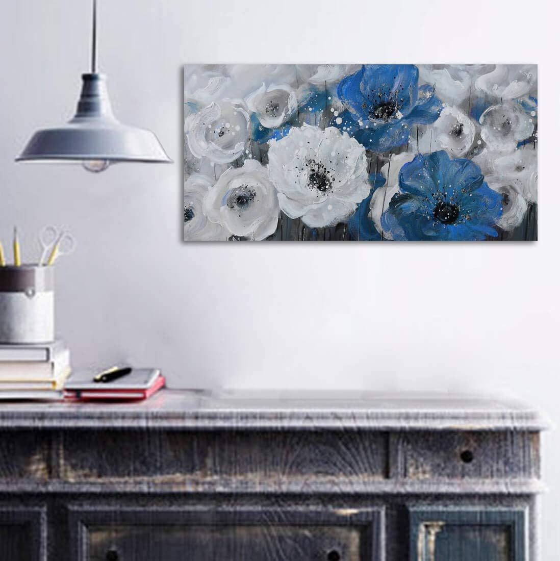 Mofutinpo Large Flower Painting Wall Art, 24x48, Modern Home Decor, Living Room Wall Decorations, White Blue Flower Prints Artwork, Waterproof UV Resistant Canvas, Wall Art for Bedroom