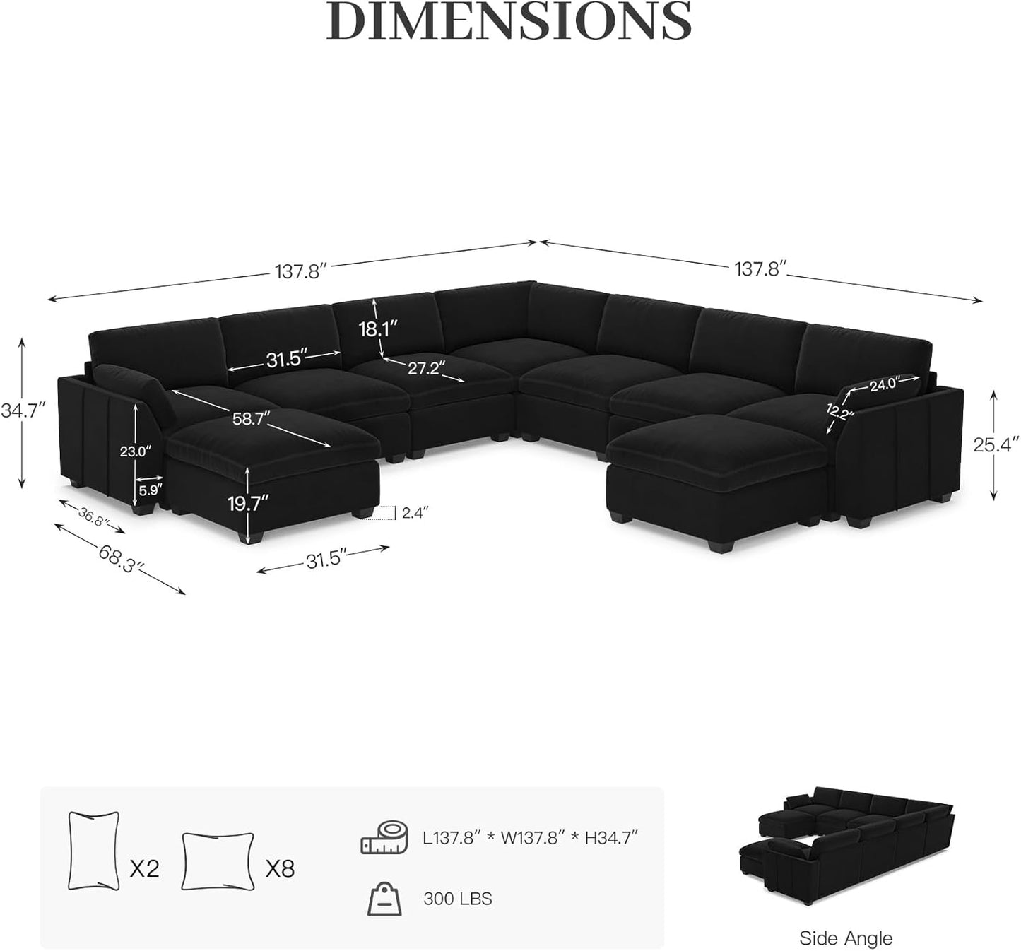 Belffin Oversized Sectional Couch with Movable Ottoman,Modern 137.8" 9-Seater Modular Sectional Sofa,Convertible Velvet U Shaped Sectional Couches for Living Room,Black