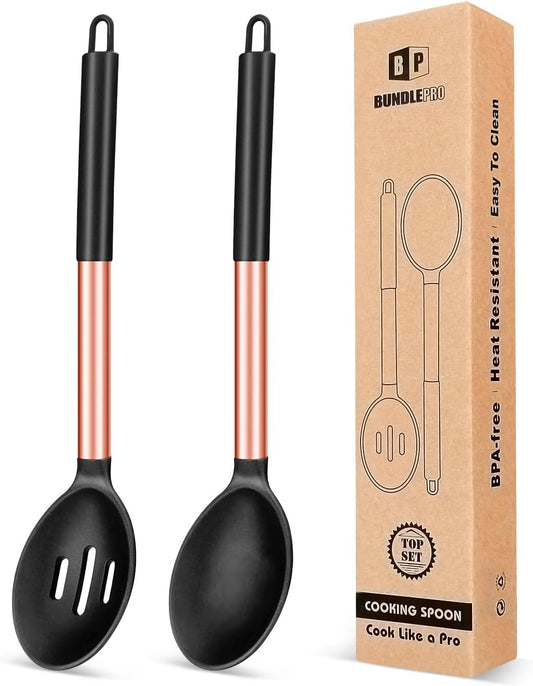 Pack of 2 Large Silicone Cooking Spoons,Non Stick Solid Basting Spoon,Heat-Resistant Kitchen Utensils for Mixing,Serving,Draining,Stirring (ROSE GOLD BLACK)