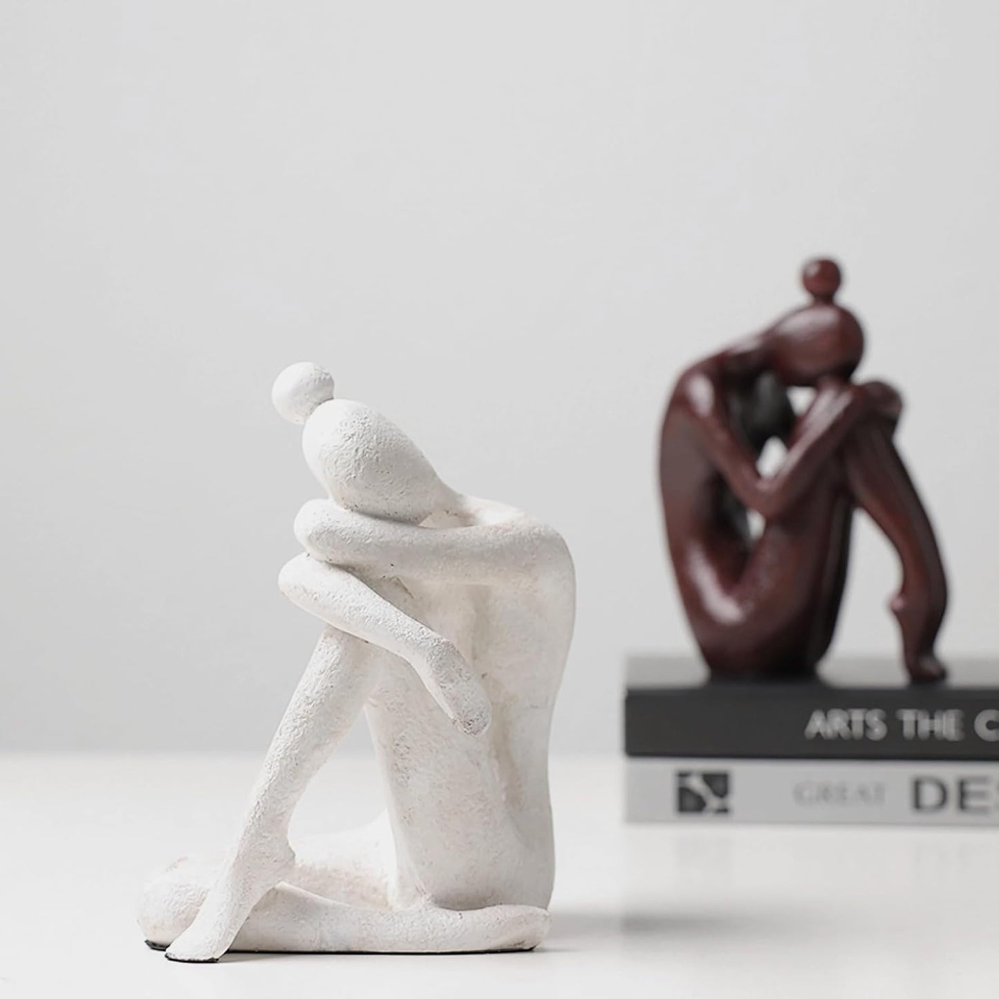 Decorative Bookends for Shelves, Unique Book Ends for Home Office Decor, Meditation Girl Statue Book Stopper for Bookshelf Decor, Modern Abstract Aesthetic Decoration White & Brown