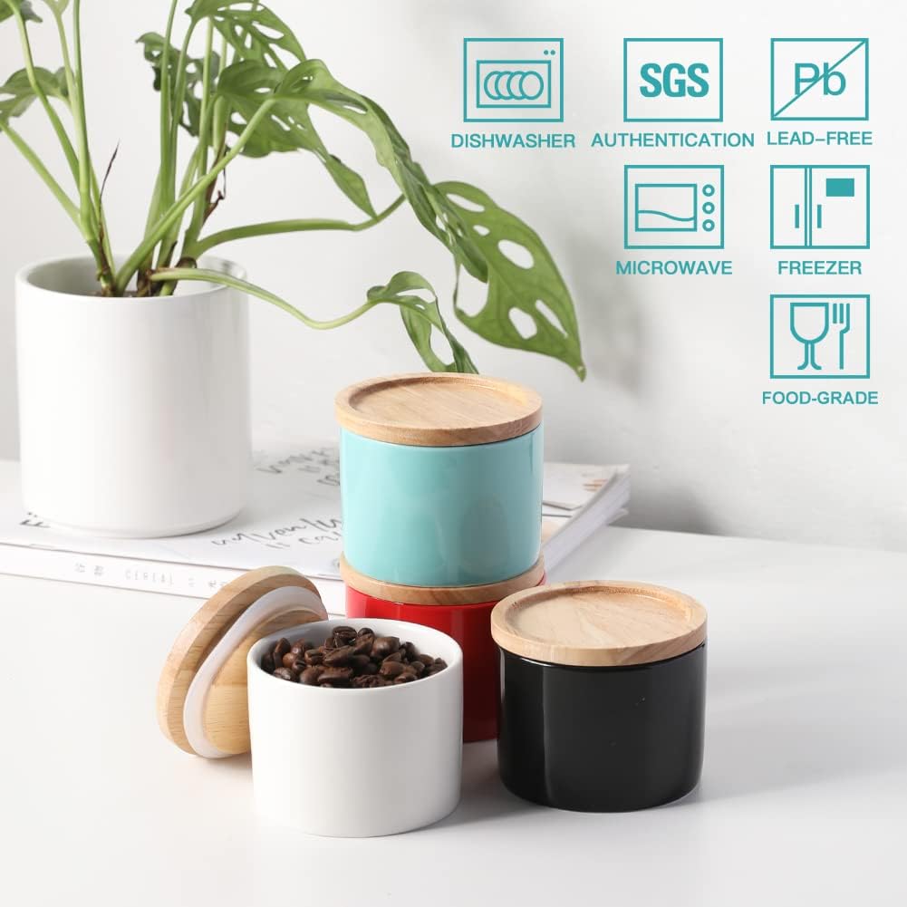 Sweejar Kitchen Canisters Ceramic Food Storage Jar, Stackable Containers with Airtight Seal Wooden Lid for Serving Ground Coffee, Tea, Sugar, Spice and More - 5 Fl Oz(Turquoise)