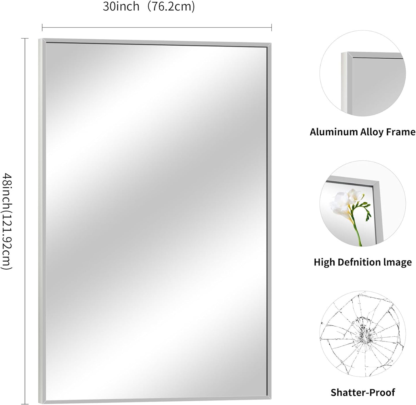 Silver Bathroom Mirror for Wall, 30x48 Inch Rectangle Mirrors with Metal Frame, Modern Vanity Wall Mirror Decor for Bathroom Living Room, Entryway Hangs Horizontal or Vertical