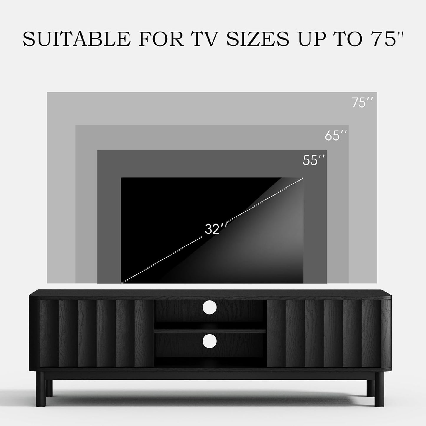 Black Mid Century Modern TV Stand, Wood Fluted Living Room TV Stands with Storage Sliding Doors, Desert-Inspired Design MCM Entertainment Center for 55 60 65 70 75 55+ 60+ 65+ 70+ Inch
