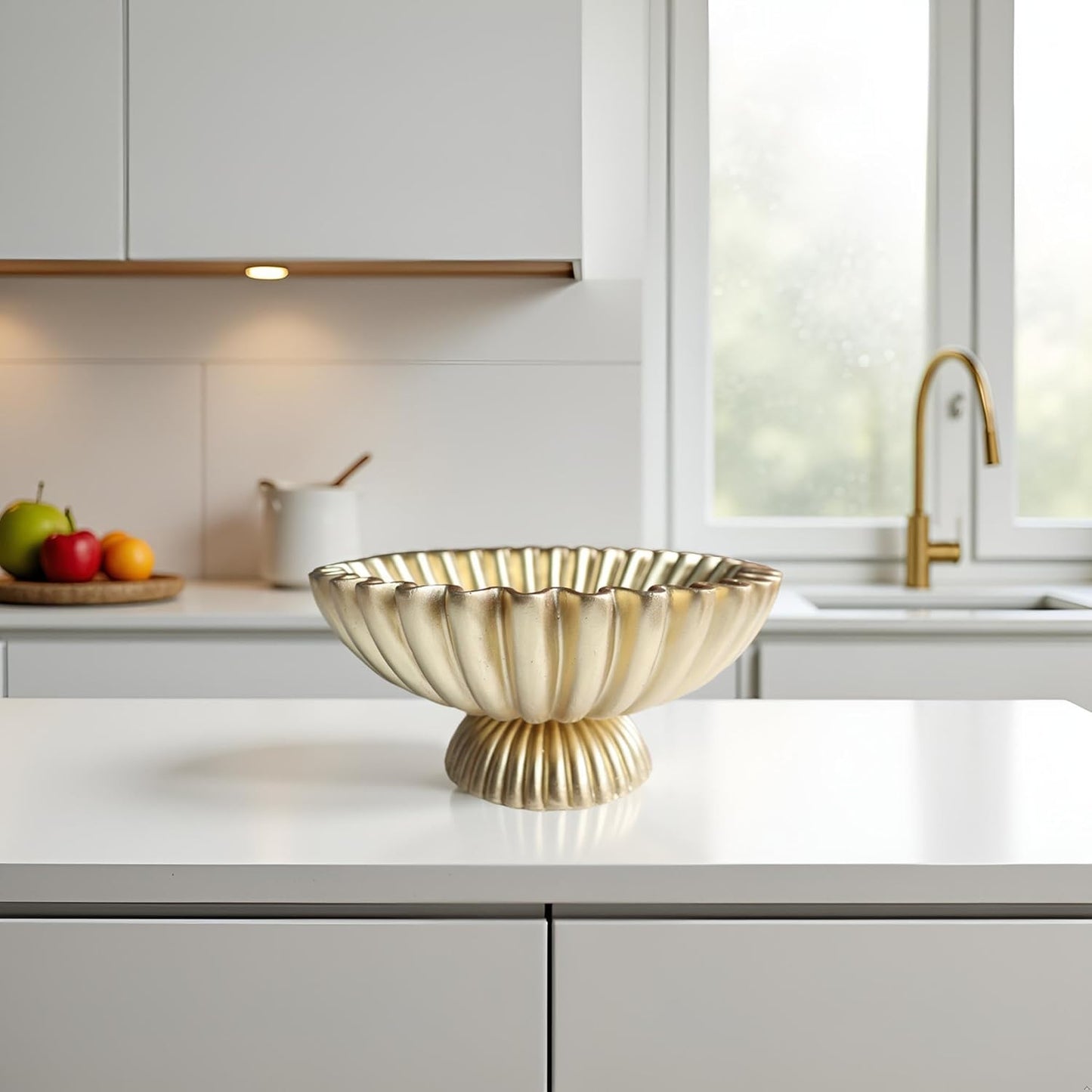 10" Large Decorative Bowl decor, Scalloped Bowls for Modern Home Decor,Ruffle Decor,Stylish Key Bowl for Entry Table,Decorative Fruit Bowl for Kitchen Counter,With base,Golden