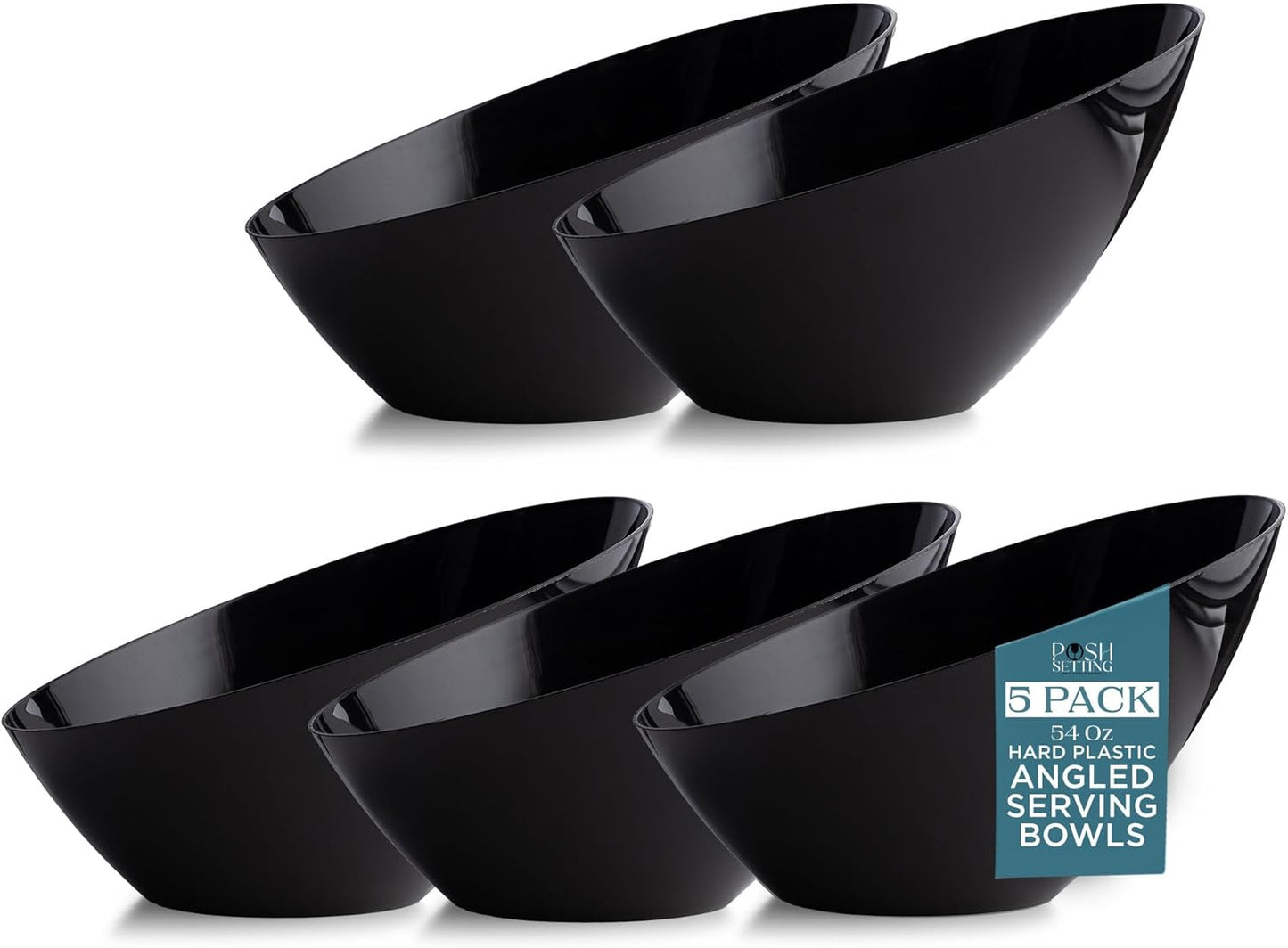 Posh Setting Black Plastic Serving Bowls Disposable - Angled Bowls - Angled Candy Bowl - Plastic Snacks & Chip Bowls for Parties - Black, Gold & Clear, White Serving Dishes, 54 OZ, 5 Pack