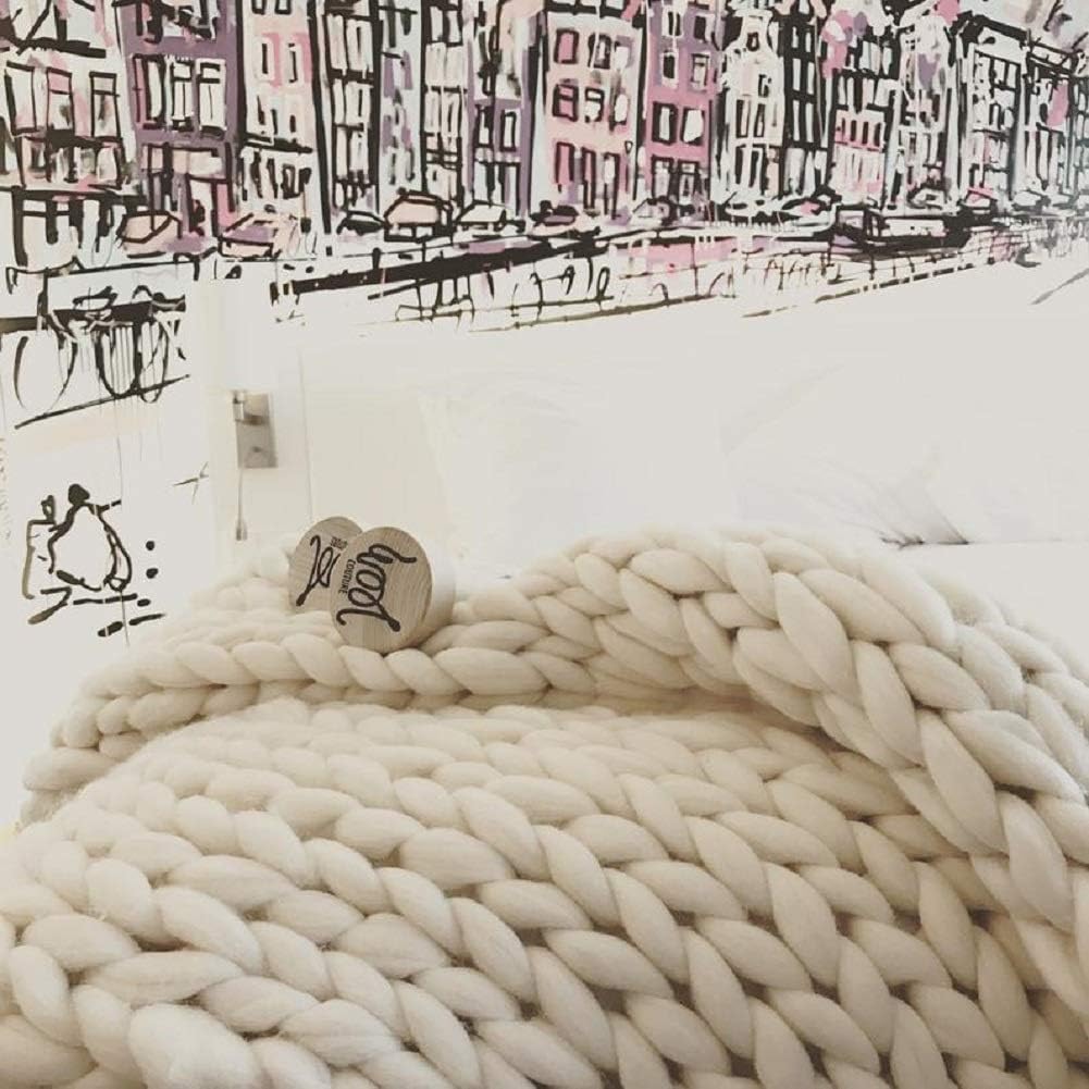 Chunky Knit Blanket Hand Made Merino Wool Throw Boho Bedroom Sofa Home Decor Giant Yarn(Ivory White 60"x80")