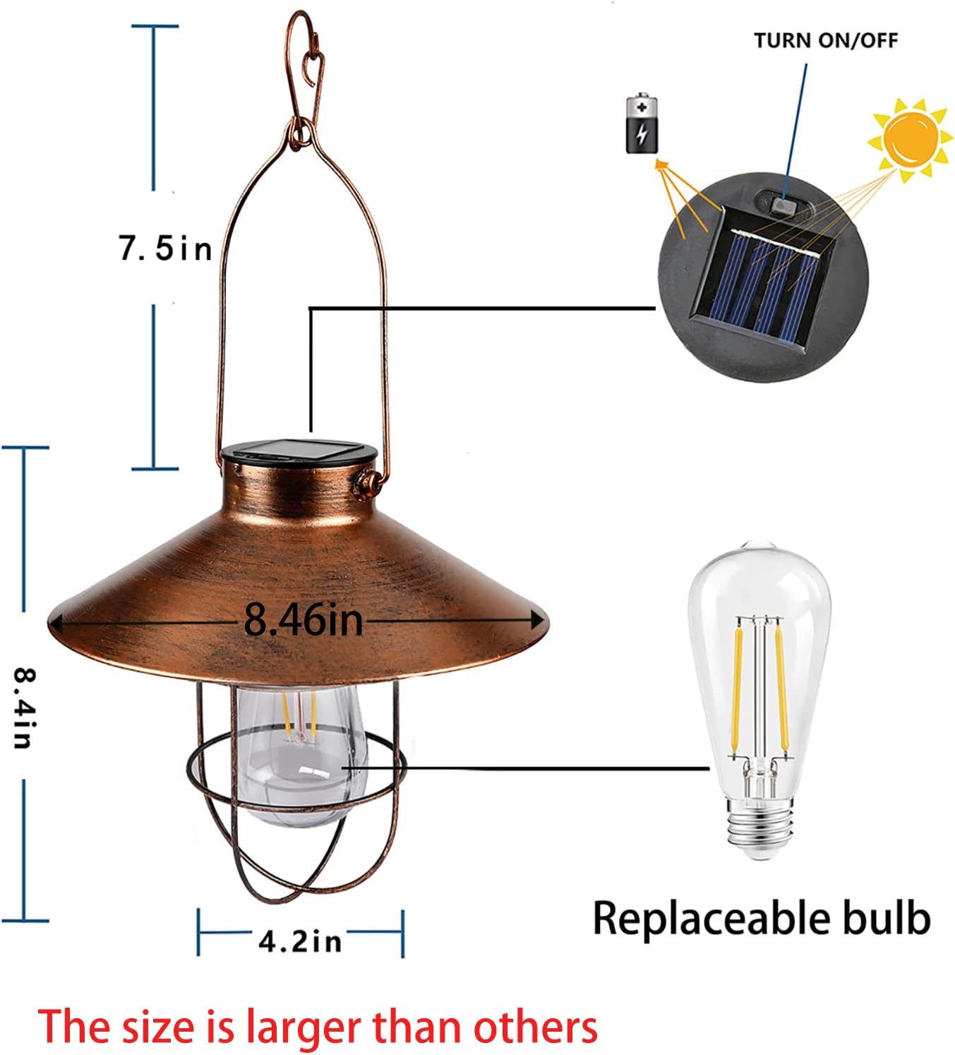 pearlstar Solar Lantern Outdoor Hanging Light Metal Farmhouse Solar Lamp with Warm White Edison Bulb Design for Garden Yard Patio Porch Decor (Brushed Copper)