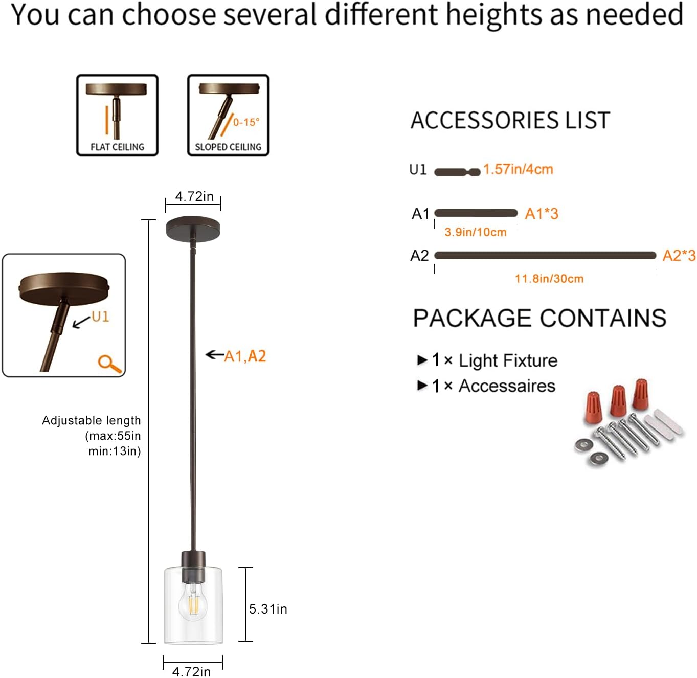 Oil Rubbed Bronze Pendant Lights Kitchen Island - Clear Glass Pendant Light Fixture Multiple Stems Rods 3 Units 12 Inch 3 Units 4 Inch (1 Pack Oil Rubbed Bronze Downrod)