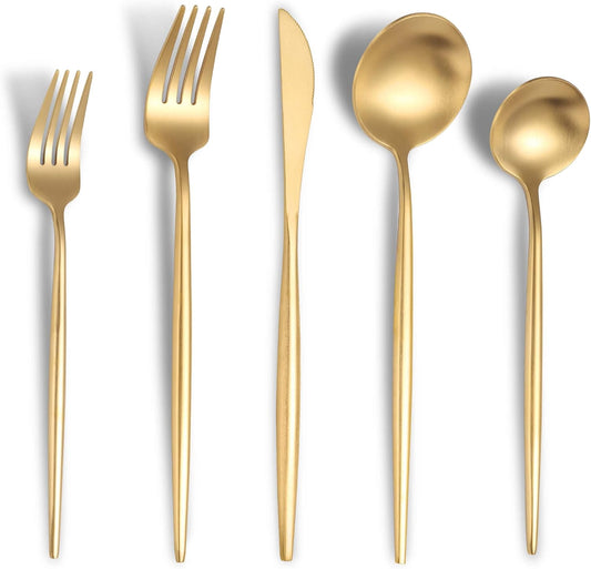 Matte Gold Silverware Set for 8,Modern Stainless Steel Brushed Cutlery Set,40-Pieces Heavy Duty Flatware Set,Knives Spoons and Forks Set Utensils Set,Satin Finish,Dishwasher Safe