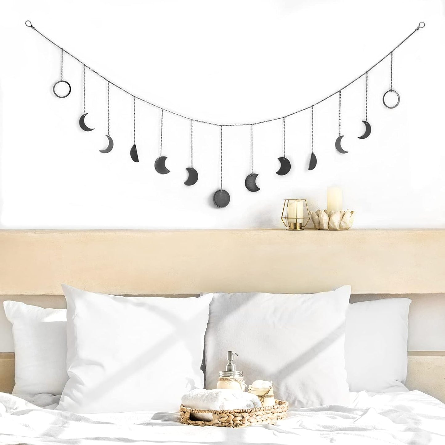 Mkono Moon Phase Wall Hanging Boho Aesthetic Room Decor Metal Moons Garland Hanging Art Bohemian Home Decoration for Girls Room Nursery Bedroom Livingroom Dorm, Ideal, Black, 55"