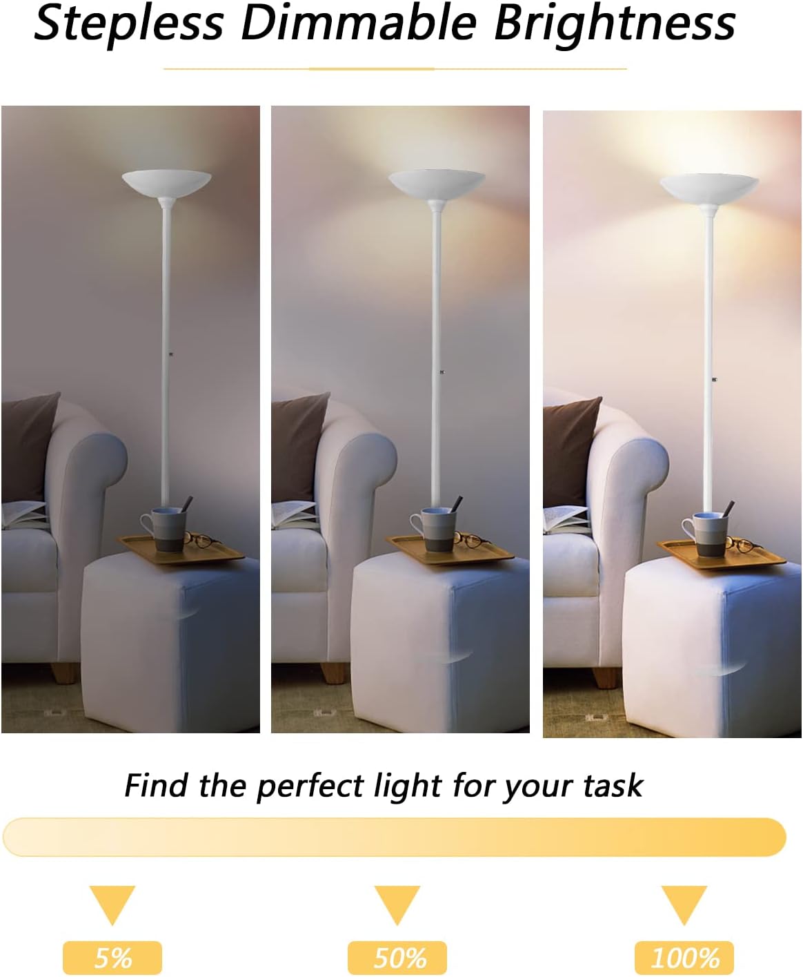 BoostArea Torchiere Floor Lamp, 30W Super Bright LED Standing Lamp, 3000K Stepless Dimmable Pole Lamp with Rotary Switch, 70 Inch Tall Metal Modern White Floor lamp for Living Room/Bedroom/Office/Den