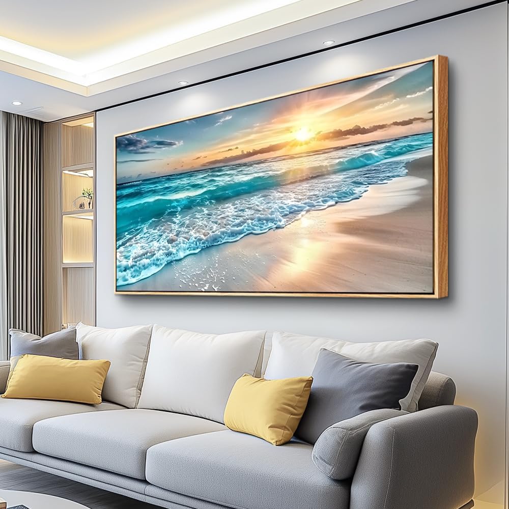 hyidecorart Large Wall Art For Living Room Wall Decor For Bedroom Office Wall Decor Wood Framed Canvas Wall Painting Blue Sea Wave Pictures Modern Beach Seascape Posters Home Decorations Artwork