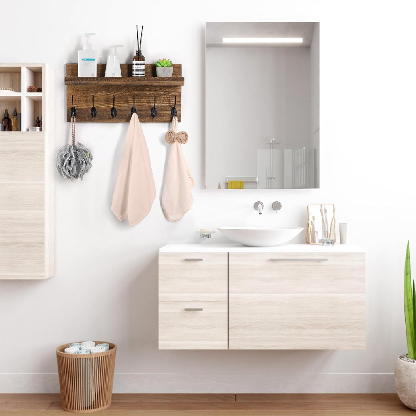 Shelf with Hooks, Coat Rack Wall Mount with 6 Double Metal Hooks, 17 Inch Farmhouse Wall Hooks with Shelf, for Entryway, Bathroom, Kitchen, Rustic Brown