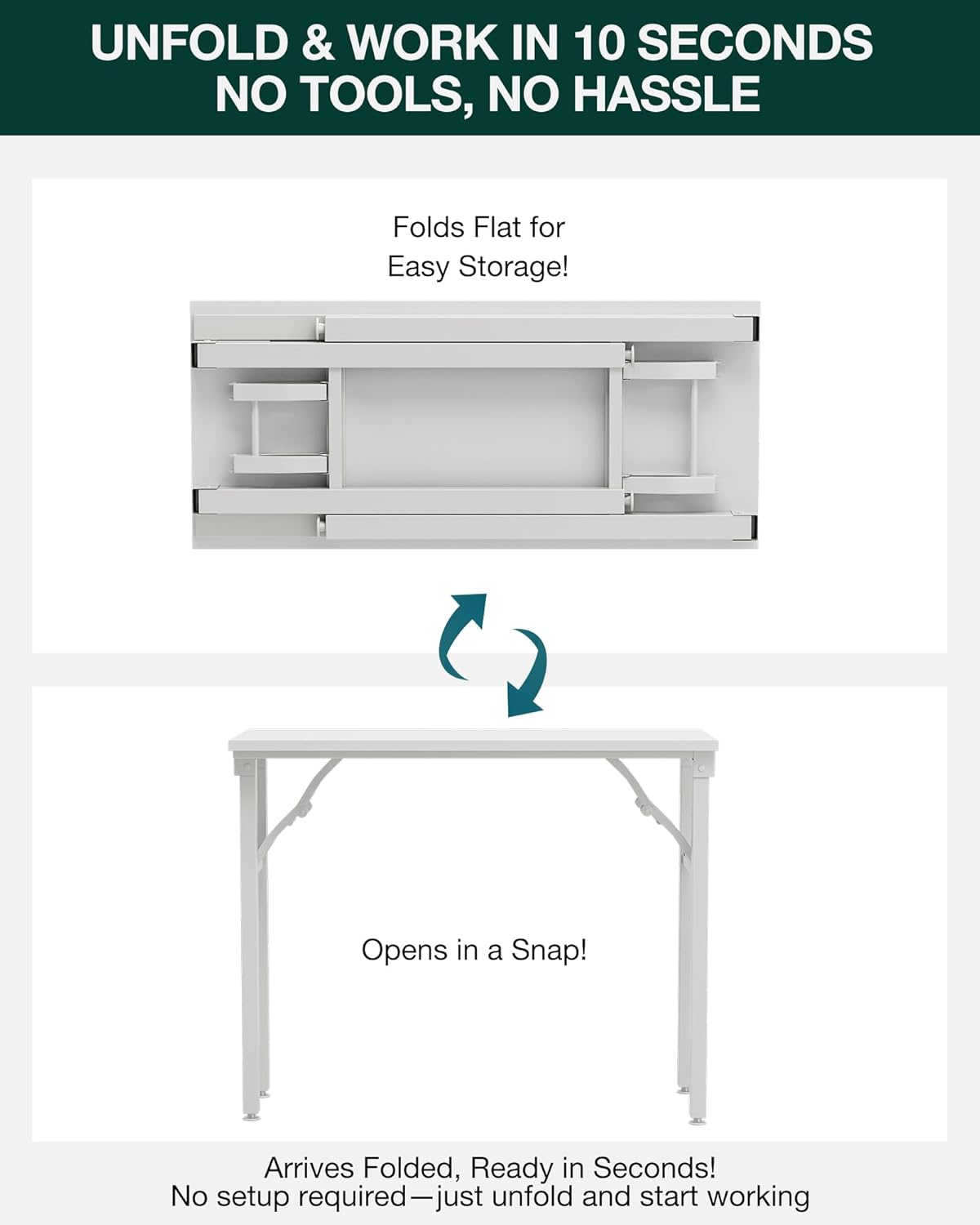Frylr Small Folding Computer Desk – 35.8 Inch Portable Table for Craft and Study, Lightweight Desk for Small Spaces, Foldable Laptop Table Built-in AC/USB Outlets for Convenience, White