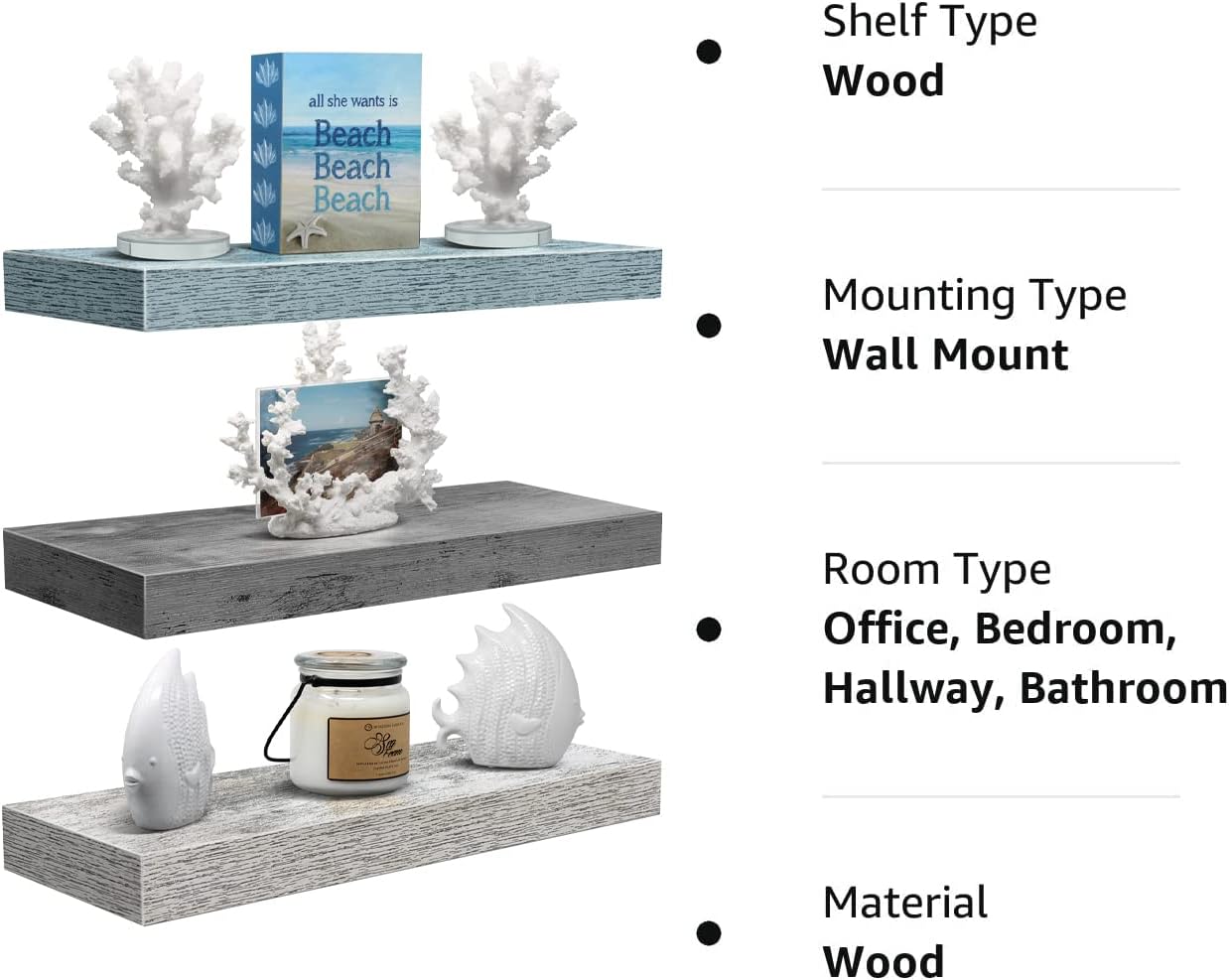 Sorbus Floating Shelves - 3 Pack 16 Inch Rustic Grey Blue Rustic Wall Shelves for Bedroom, Kitchen, Living Room, Bathroom Shelves, Home Decor, Office - Floating Shelf for Trophies, Frames