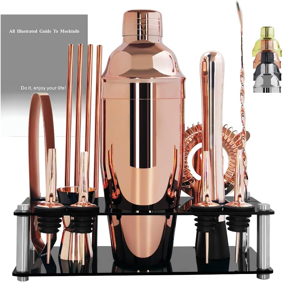 14-Piece Cocktail Shaker Set Bartender Kit with Black Stand, Bar Tool Set for Drink Mixing Bartending Kit Bar Sets Accessories: 750ml(25oz) Shaker, Jigger, Muddler, Cocktail Recipes (Rose Gold)