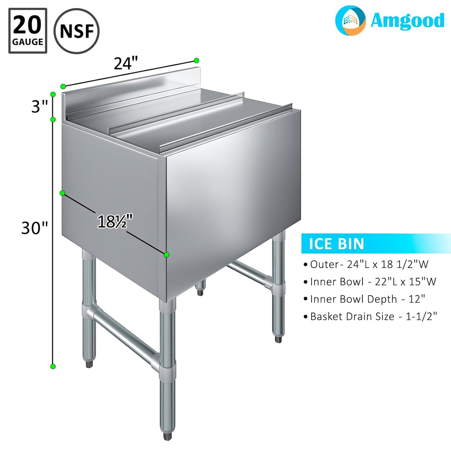 AmGood 18.5 in. x 24 in. Underbar Ice Bin with Sliding Lid | NSF | Stainless Steel Ice Chest with Sliding Lid