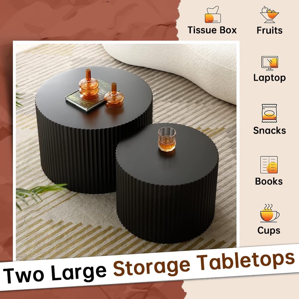 Black Nesting Coffee Table Set of 2 Modern Round Fluted Coffee Table Small Round End Table Side Table Circular Coffee Tables Circle Nested Coffee Tables for Living Room (Black Large)